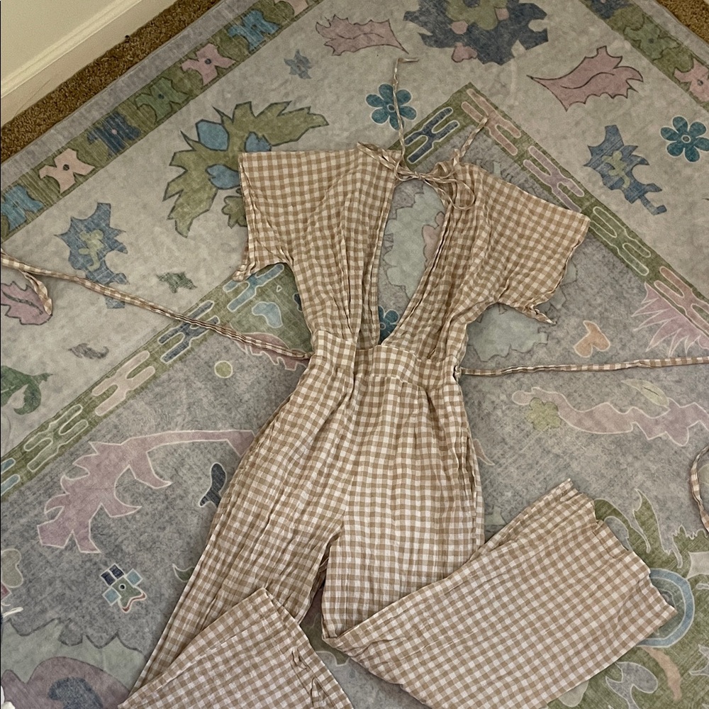 Skylar + Madison Gingham Jumpsuit in Tan and White